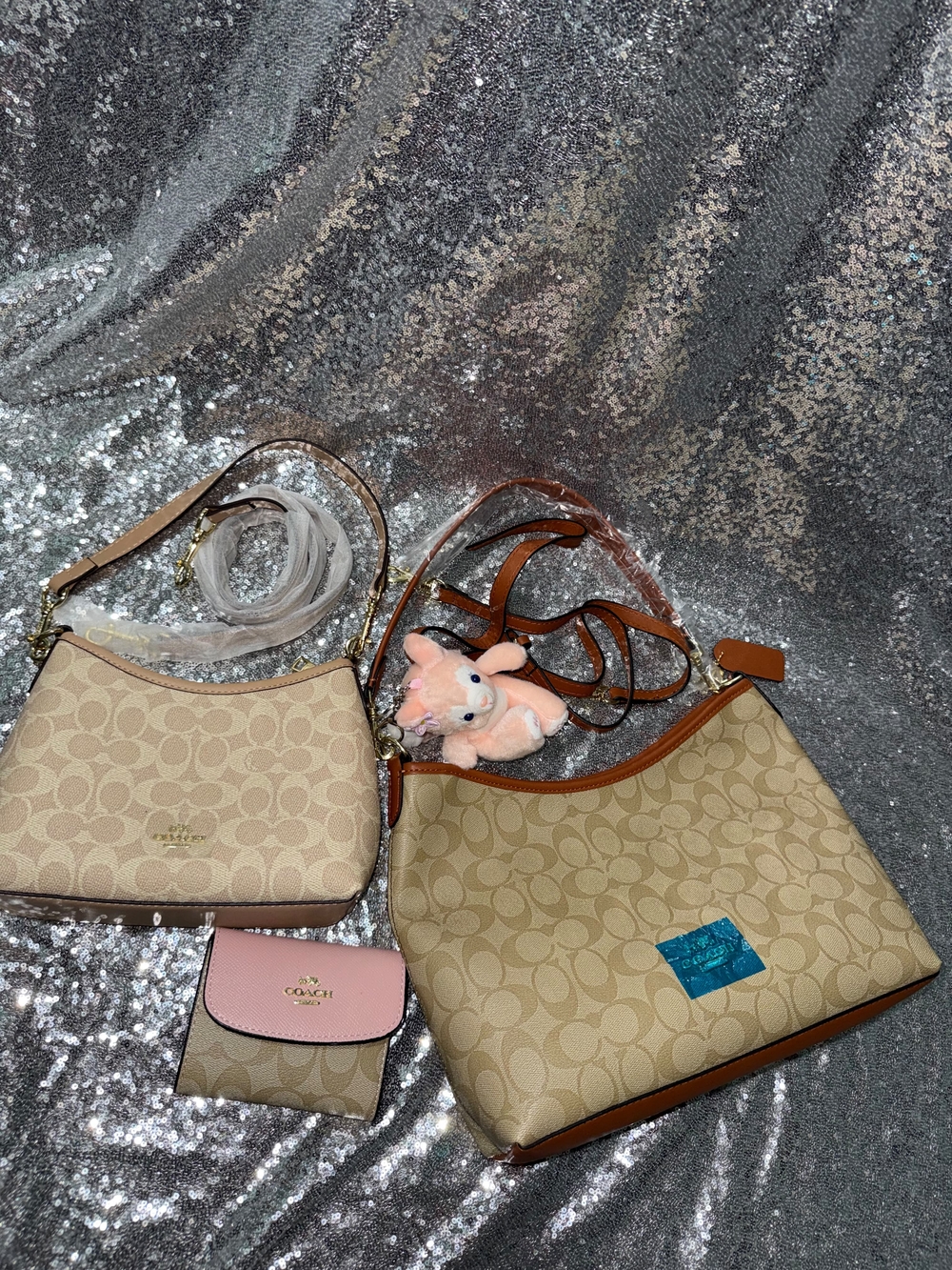 Coach Signature Canvas Shoulder Bags with Pink Card Case